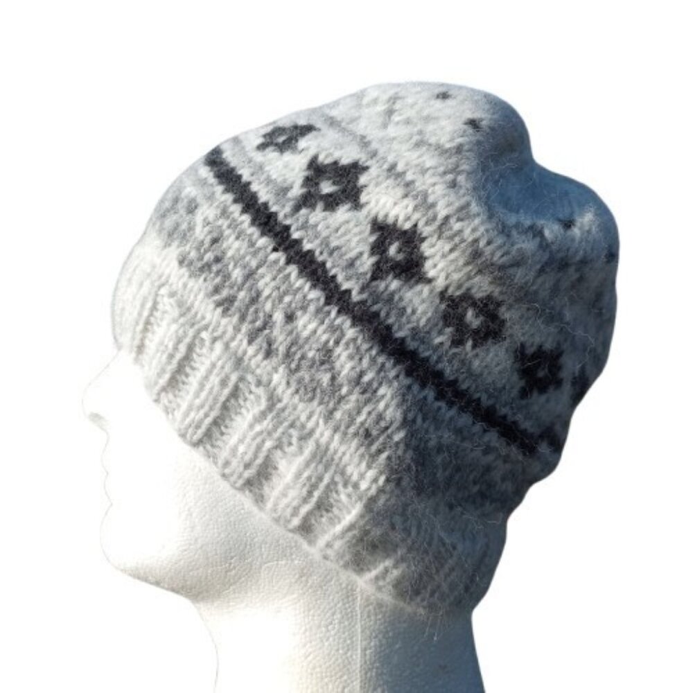 Men's Alpaca Fair Isle Beanie Wool Hat Handmade Knit White Gray Winter Nordic